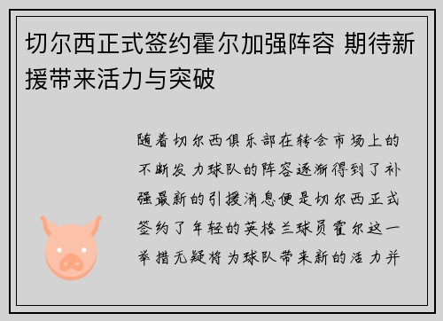 切尔西正式签约霍尔加强阵容 期待新援带来活力与突破